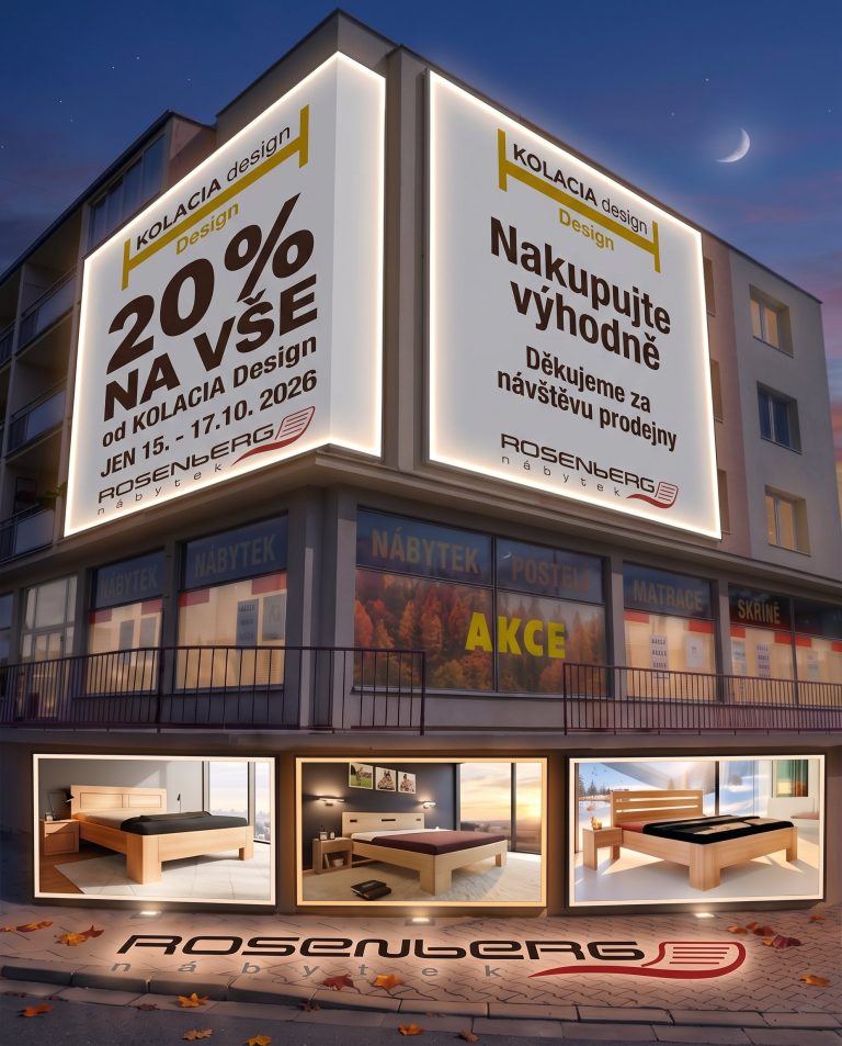 Vizualizace prodejny Rosenberg s plakátem 20 % na vše od Kolacia Design, 15.–17. 10. 2026